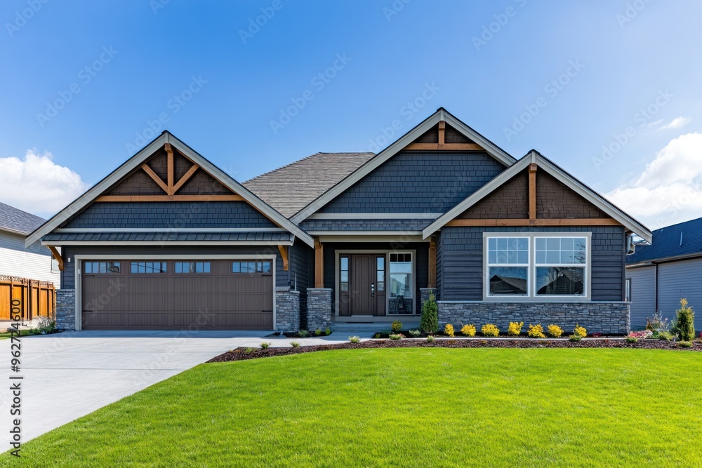 Modern Suburban Home with a Blue Siding and Brown Garage Door Modern Suburban Home with a Blue Siding and Brown Garage Door