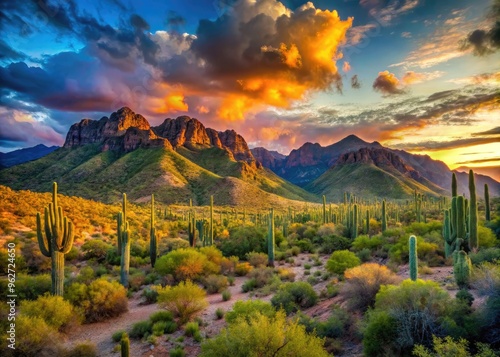 Scenic Panoramic View Of Rugged Mountains And Lush Vegetation Against A Vibrant Sky In The Tucson Desert photo