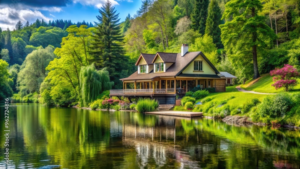 Scenic Riverfront House With Lush Greenery And Tranquil Waters, Offering A Peaceful Retreat Surrounded By Nature. Scenic Riverfront House With Lush Greenery And Tranquil Waters, Offering A Peaceful Retreat Surrounded By Nature.