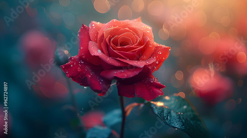 Red Rose with Dew Drops and Bokeh Illustration