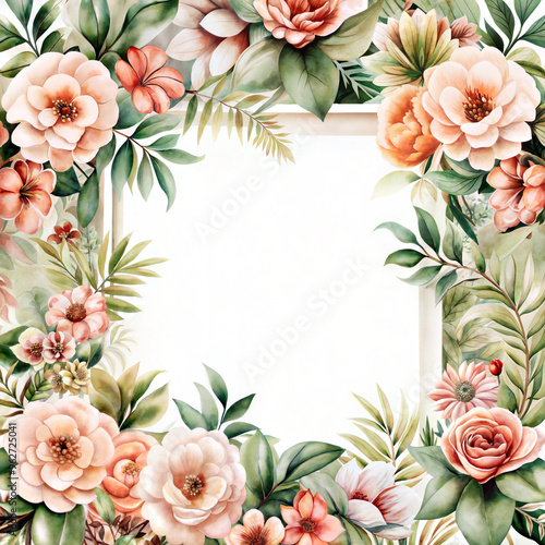 Floral border design with colorful flowers and leaves for invitations, copy space