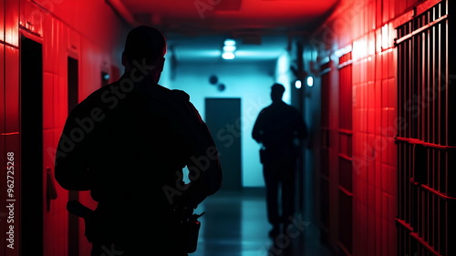 Police Officers Walking Dark Prison Hallway Red Blue Lights Shadows