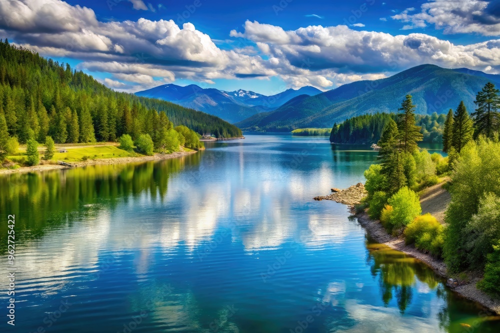 Scenic View Of The Pend Oreille River, Showcasing Its Serene Waters, Lush Shoreline, And Majestic Mountains In The Distance. Scenic View Of The Pend Oreille River, Showcasing Its Serene Waters, Lush Shoreline, And Majestic Mountains In The Distance.