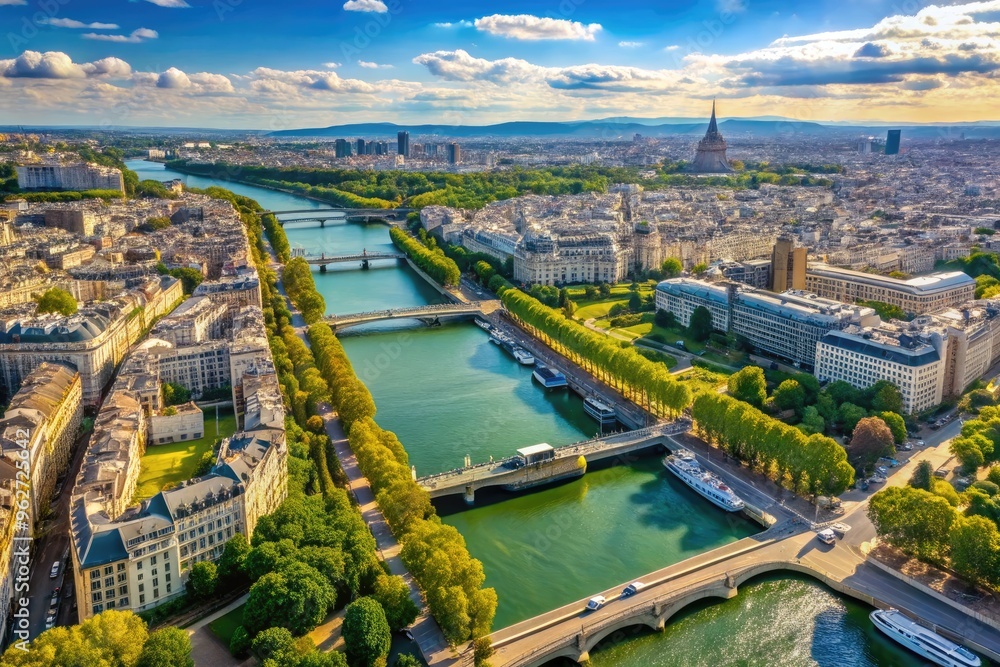 Serene aerial view of the Seine River winding through the historic city of Paris, France, with iconic landmarks and bridges visible along its banks. Serene aerial view of the Seine River winding through the historic city of Paris, France, with iconic landmarks and bridges visible along its banks.