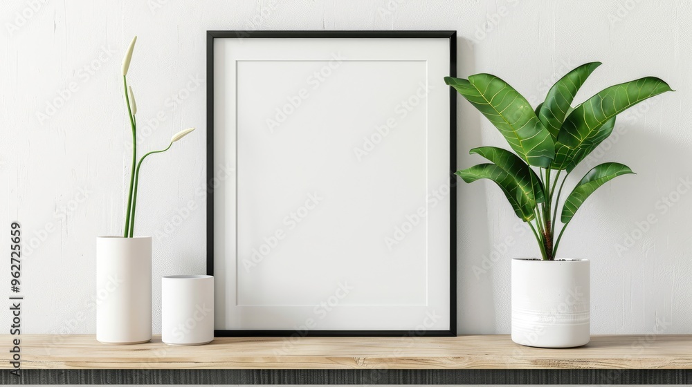 Poster in square frame with plant on wooden shelf. Poster in square frame with plant on wooden shelf.