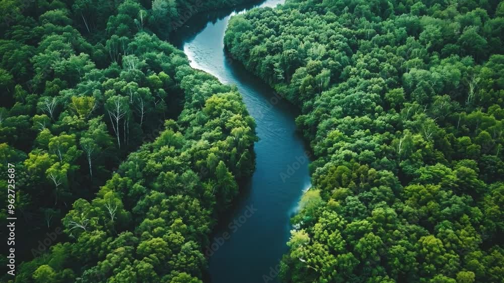 Aerial view of a peaceful river winding through a dense, vibrant green forest.