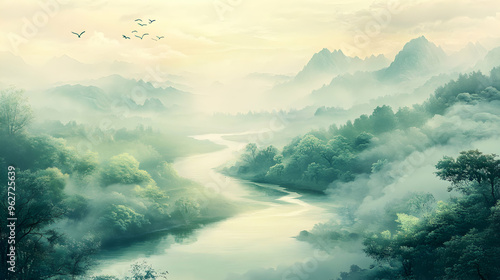 Serene landscape with misty mountains and a winding river.