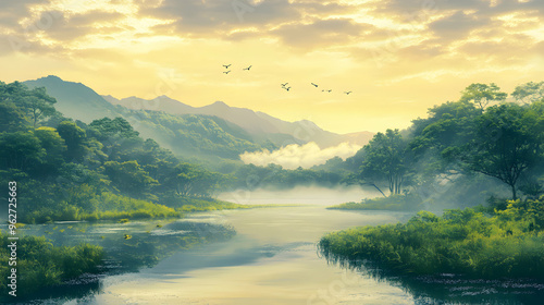 Serene landscape with a river winding through a misty forest with mountains in the background.