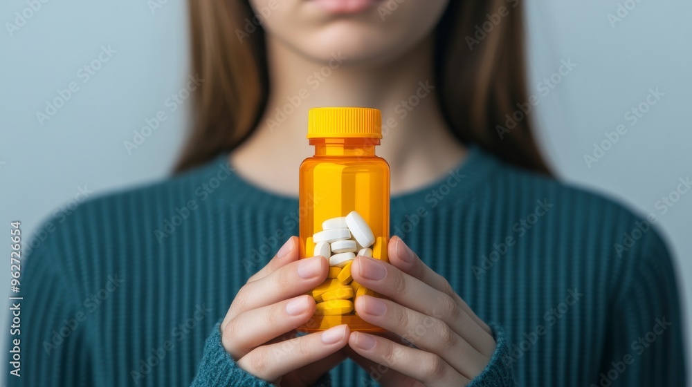 A young woman holding a prescription pill bottle, highlighting the importance of medication adherence and health responsibility. A young woman holding a prescription pill bottle, highlighting the importance of medication adherence and health responsibility.