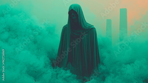 A skeletal figure in a hooded robe stands amidst a swirling green mist. photo