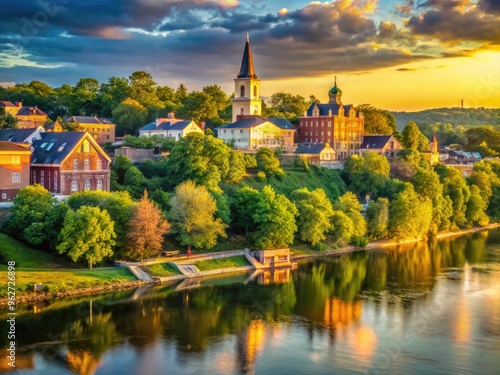 Serene golden hour scene of the Ohio River flowing gently past historic Marietta's charming riverfront, with lush greenery and majestic buildings in the background. photo