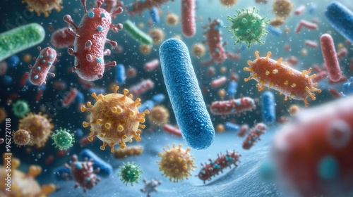 Close up of bacteria and virus cells. Biology, Science medicine background