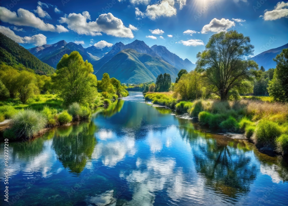 Serene landscape of Owen River flowing gently through lush greenery and surrounding mountains, reflecting the vivid blue sky on a sunny day. Serene landscape of Owen River flowing gently through lush greenery and surrounding mountains, reflecting the vivid blue sky on a sunny day.