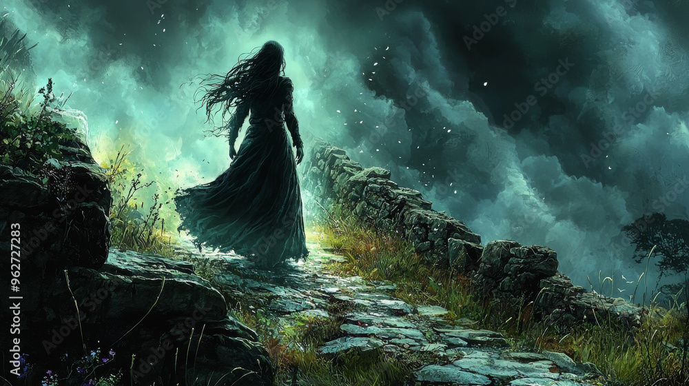 Obraz premium A woman in a black cloak walks away from the camera on a stone path.