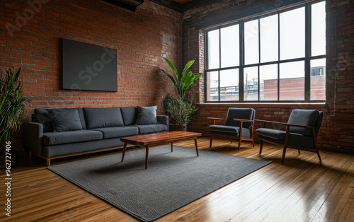 Loft apartment living room with artistic mood, warm ambiance and natural window lighting. Modern industrial Real Estate interior design composition. photo