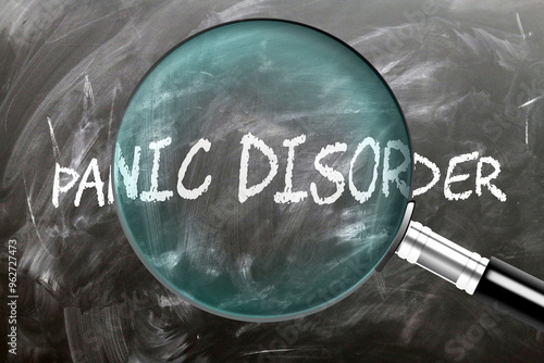 Panic Disorder - learn, study and inspect it. Taking a closer look at panic disorder. A magnifying glass enlarging word 'panic disorder' written on a blackboard ,3d illustration photo