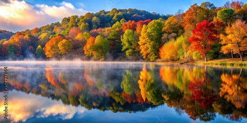 Serene misty dawn breaks over a tranquil lake surrounded by vibrant fall foliage and towering trees in a Missouri wilderness area.