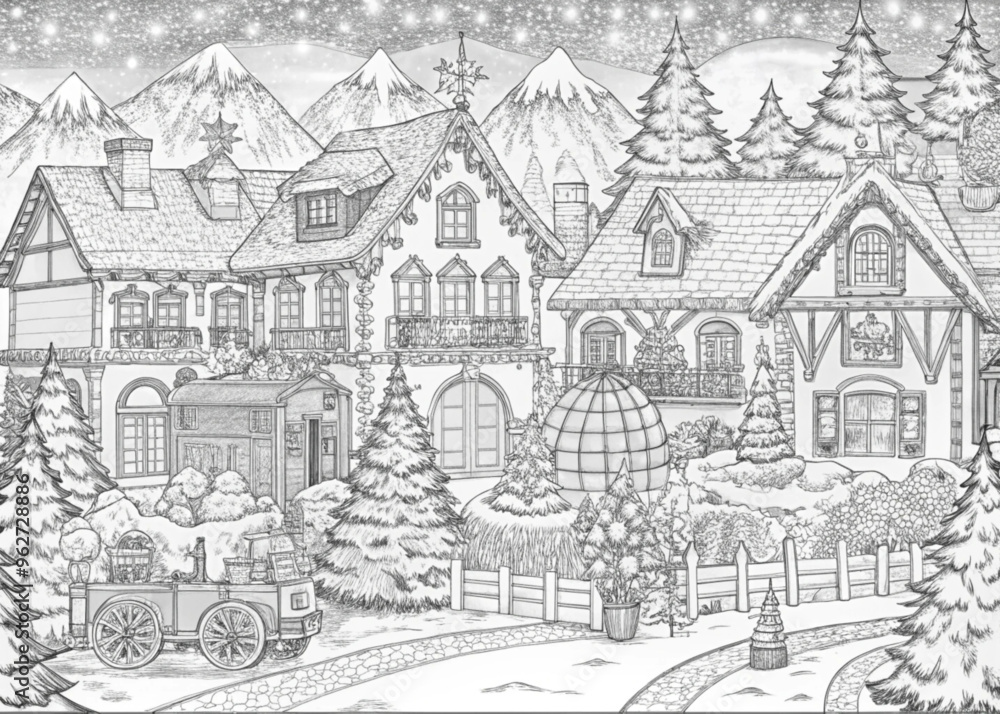 Obraz premium Detailed Winter Village Scene with Snow-Covered Houses for Coloring Books