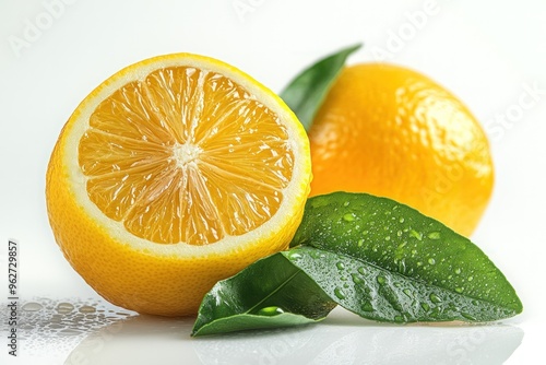 A fresh lemon cut in half with green leaves and water droplets. photo