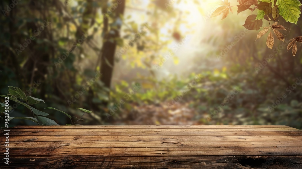 Blurred nature backdrop with wooden table for product display. Blurred nature backdrop with wooden table for product display.