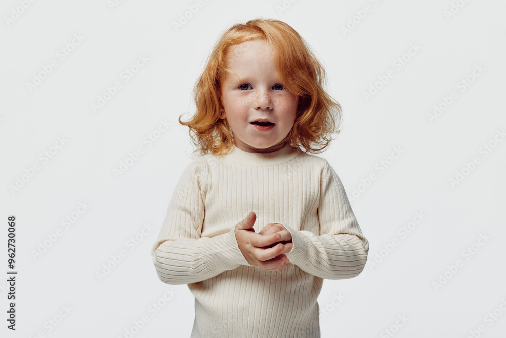 Little girl with red hair confidently posing in front of a white background with hands on hips, beauty and fashion concept Little girl with red hair confidently posing in front of a white background with hands on hips, beauty and fashion concept