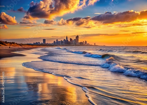 Serene sunset at Rockaway Beach, Queens, New York, featuring gentle waves, soft golden light, and a tranquil atmosphere with a distant Manhattan skyline. photo