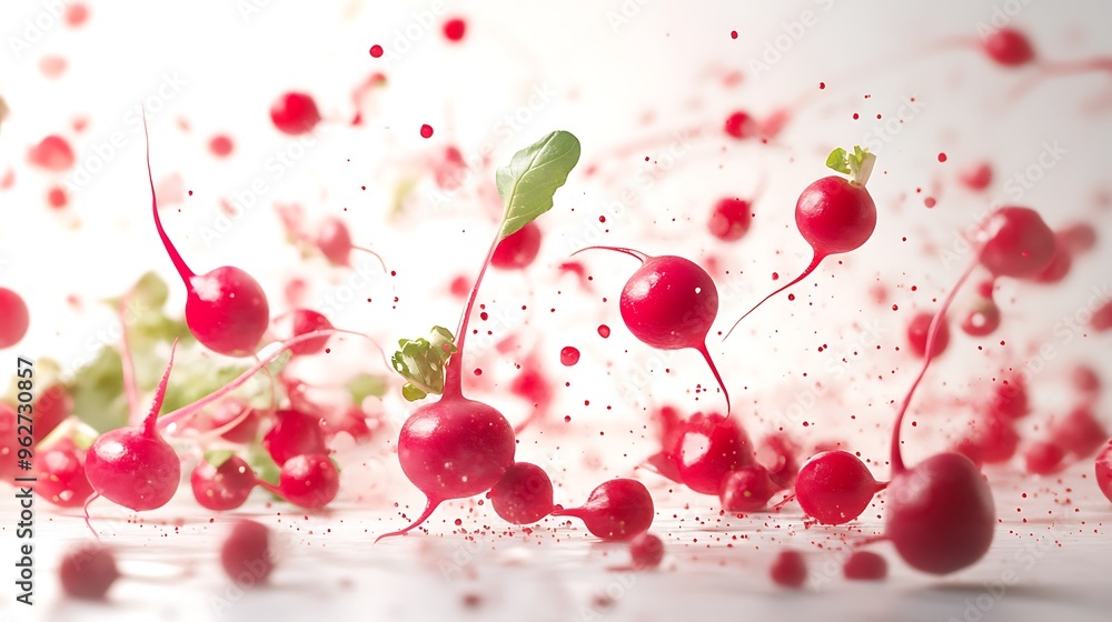 Fresh Red Radishes Splashing on White Background Fresh Red Radishes Splashing on White Background