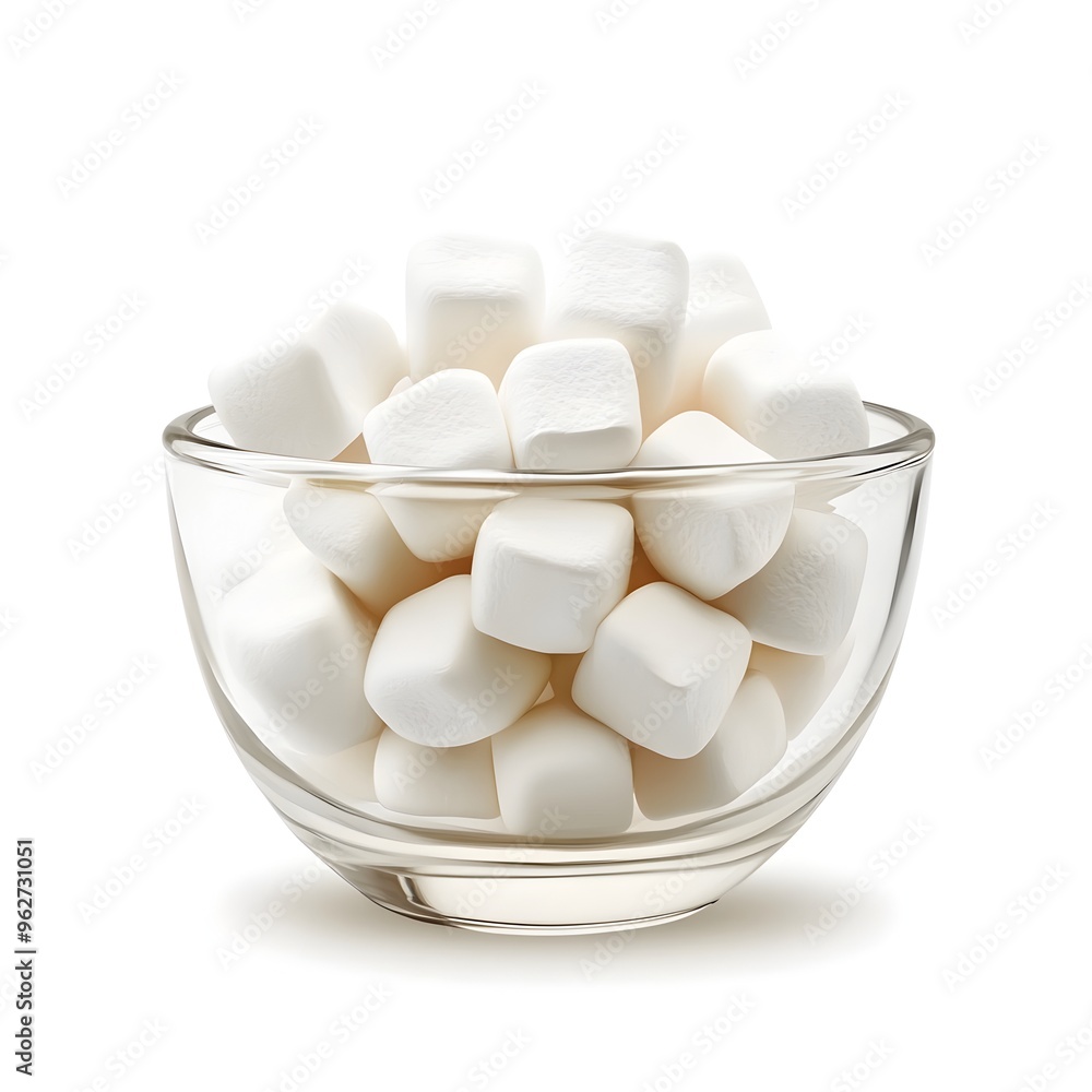 Soft and Fluffy Marshmallows Piled in a Transparent Glass Bowl Against a White Background Soft and Fluffy Marshmallows Piled in a Transparent Glass Bowl Against a White Background