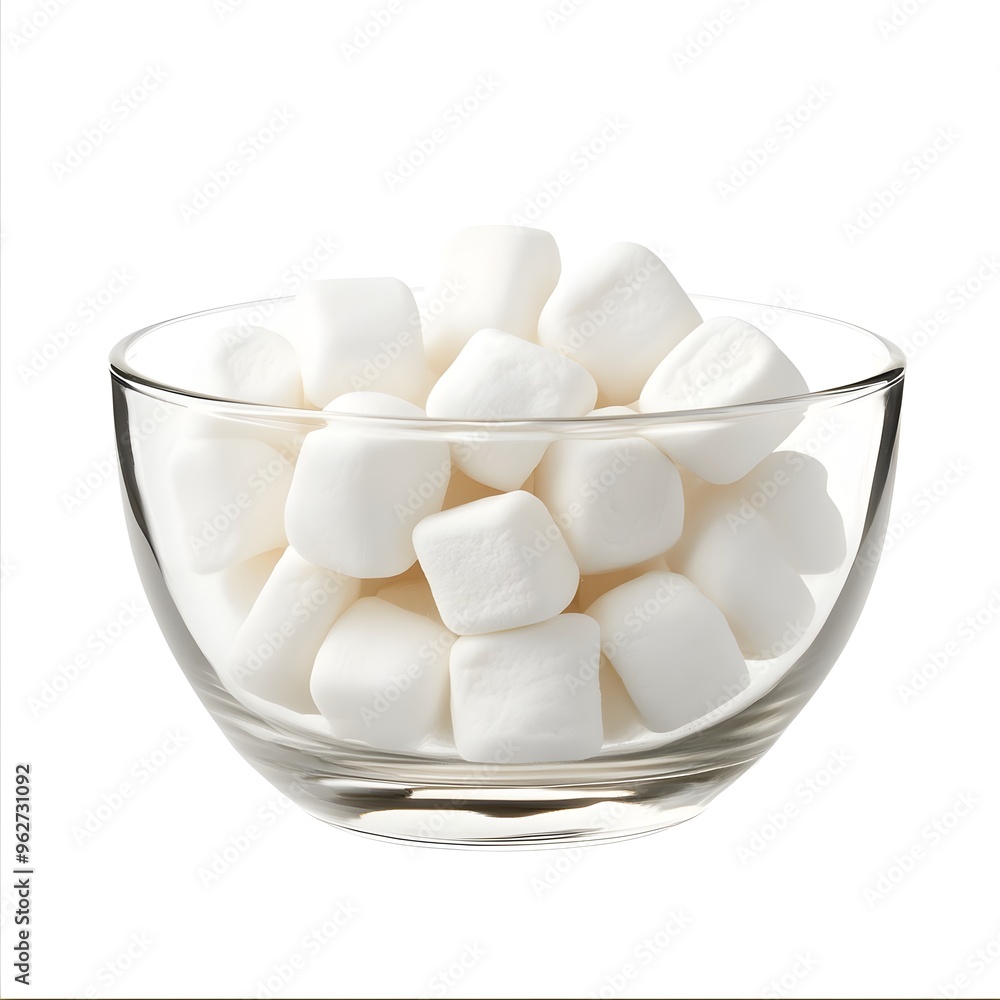 Fluffy Marshmallows in Transparent Glass Bowl on White Background Fluffy Marshmallows in Transparent Glass Bowl on White Background