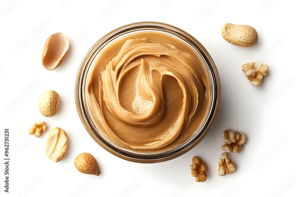 Peanut Butter in Glass Jar on White Background Ultra Top View Peanut Butter in Glass Jar on White Background Ultra Top View