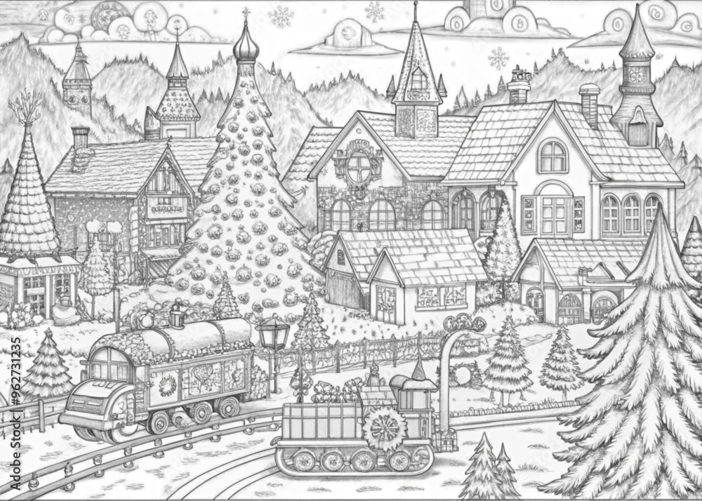 Naklejka premium Detailed Winter Village Scene with Snow-Covered Houses for Coloring Books