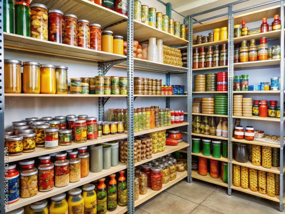 Shelves In A Food Pantry Are Stocked With Non-Perishable Food Items And Canned Goods. Shelves In A Food Pantry Are Stocked With Non-Perishable Food Items And Canned Goods.