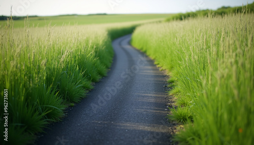 Curved Asphalt Pathway in a Grassy Field