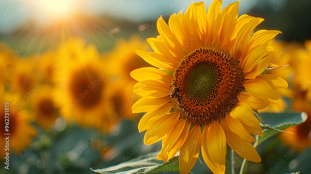 Close-Up of Sunflower with Bee in Field with Sun Close-Up of Sunflower with Bee in Field with Sun