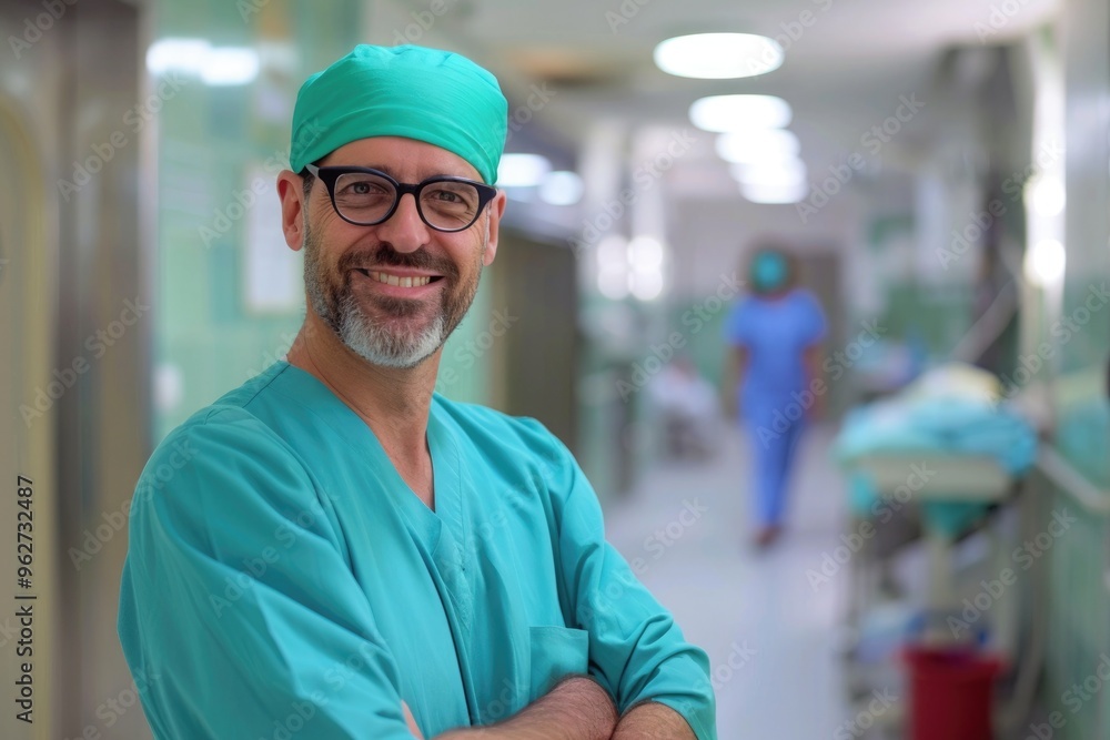 Confident surgeon smiling in hospital corridor Confident surgeon smiling in hospital corridor