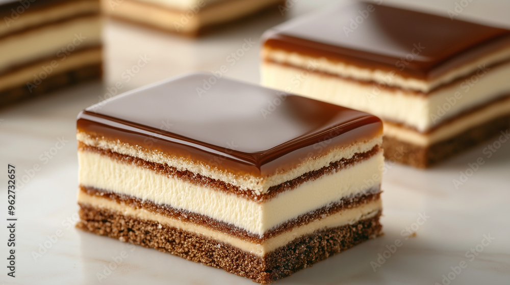 Rectangular pastries with a glossy chocolate top and a multi-layer structure of cream and sponge cake, placed on a light surface Rectangular pastries with a glossy chocolate top and a multi-layer structure of cream and sponge cake, placed on a light surface