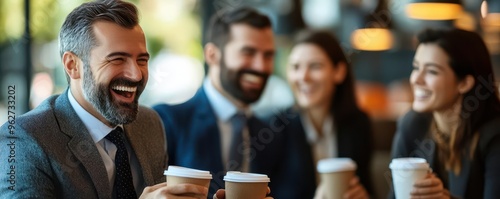 Business professionals laughing and networking with coffee cups in hand, stylish corporate cafe, team bonding, business coffee break