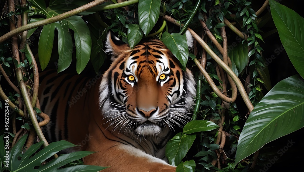 Discover the allure of the jungle with this high-resolution photograph featuring a tiger skillfully hidden among thick jungle vines and large tropical leaves. Discover the allure of the jungle with this high-resolution photograph featuring a tiger skillfully hidden among thick jungle vines and large tropical leaves.