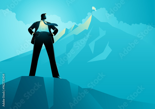 Confident businessman standing tall with hands on hips, viewed from a low angle. This powerful perspective emphasizes the businessman's authority, strength, and leadership