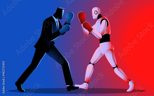 Businessmen facing off against a robot in a boxing match, Ideal for technology themed projects, captures the growing competition between humans and artificial intelligence