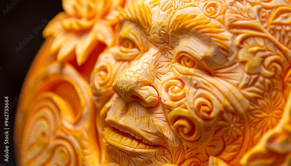 A close-up of detailed pumpkin carvings featuring intricate patterns and shapes, showcasing exceptional craftsmanship and creativity. A close-up of detailed pumpkin carvings featuring intricate patterns and shapes, showcasing exceptional craftsmanship and creativity.