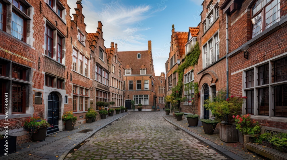 Fototapeta premium A picturesque cobblestone street lined with charming brick buildings and vibrant flower pots.