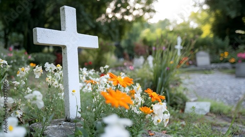 A serene white cross surrounded by vibrant flowers