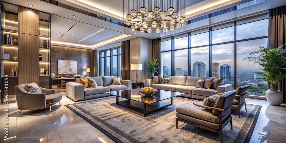 Spacious modern living room with sleek furniture, large windows, and a stunning high ceiling adorned with recessed lighting, exuding luxury and sophistication. Spacious modern living room with sleek furniture, large windows, and a stunning high ceiling adorned with recessed lighting, exuding luxury and sophistication.