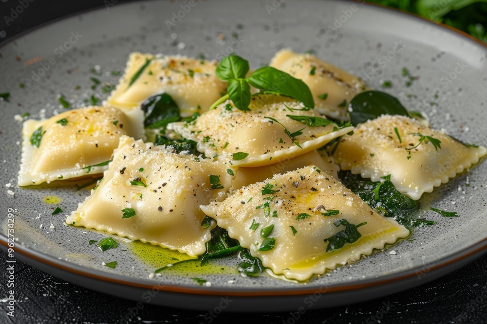 A plate of ravioli with spinach and ricotta filling, drizzled with butter sauce A plate of ravioli with spinach and ricotta filling, drizzled with butter sauce