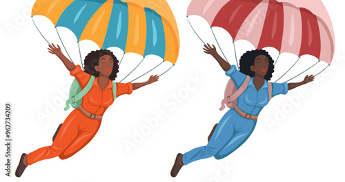 Vector set of clipart happy African women jumping with parachute isolated from background. Collection of flying training skydiver. Extreme sport. Flat style illustration