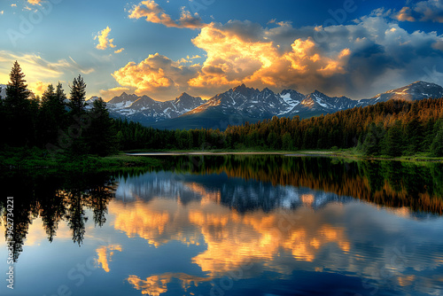 A breathtaking view of a serene mountain lake reflecting the golden sunset sky.