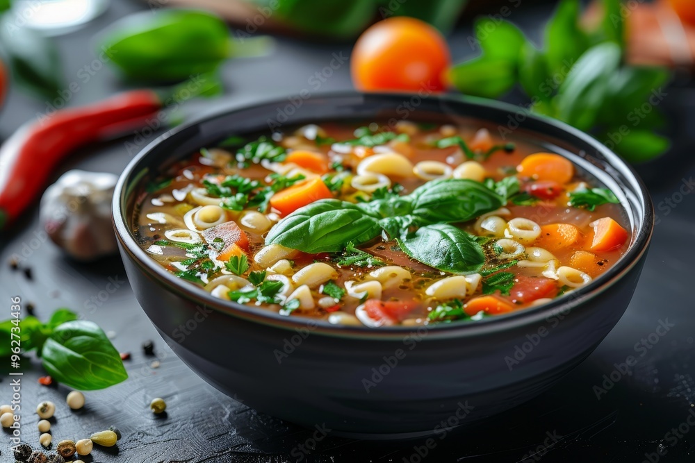 A bowl of minestrone soup with fresh vegetables and pasta A bowl of minestrone soup with fresh vegetables and pasta