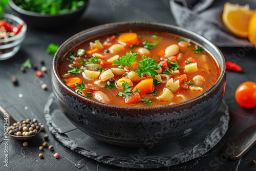 A bowl of minestrone soup with fresh vegetables and pasta