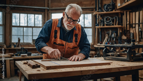 Elderly carpenter methodically working on a woodworking project in his tool-filled workshop.